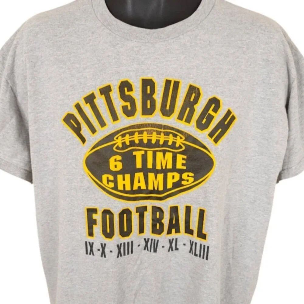 Pittsburgh Steelers T Shirt Mens Size Large Gray 6 Time Super Bowl Champions NFL